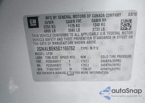 2016 Chevrolet Equinox Ls из США, поврежденный, VIN 2GNALBEK5G1169762